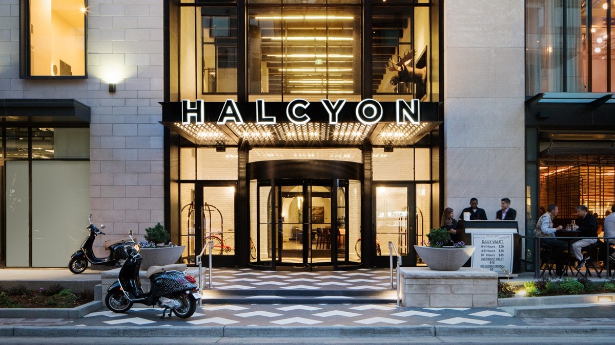 The entrance to Halcyon Hotel in Cherry Creek